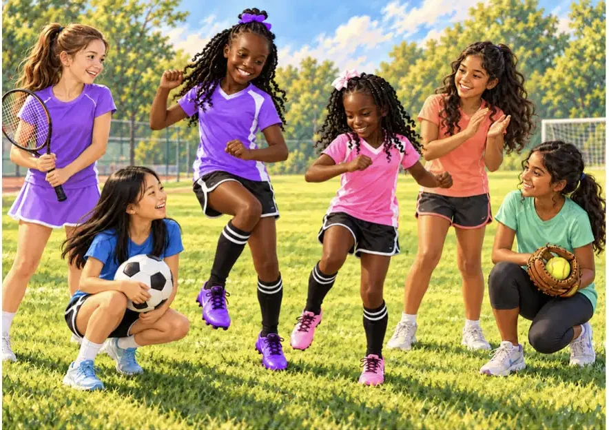 Illustration from Girls Got Game: six girls sharing a celebratory moment in their different sports
