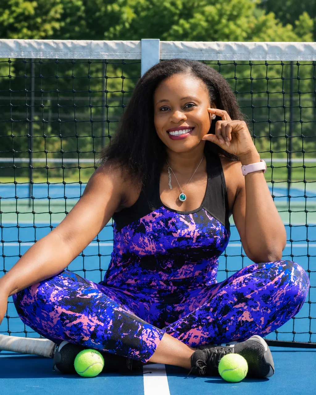 Michelle Gbelama-Okore seated on a tennis court